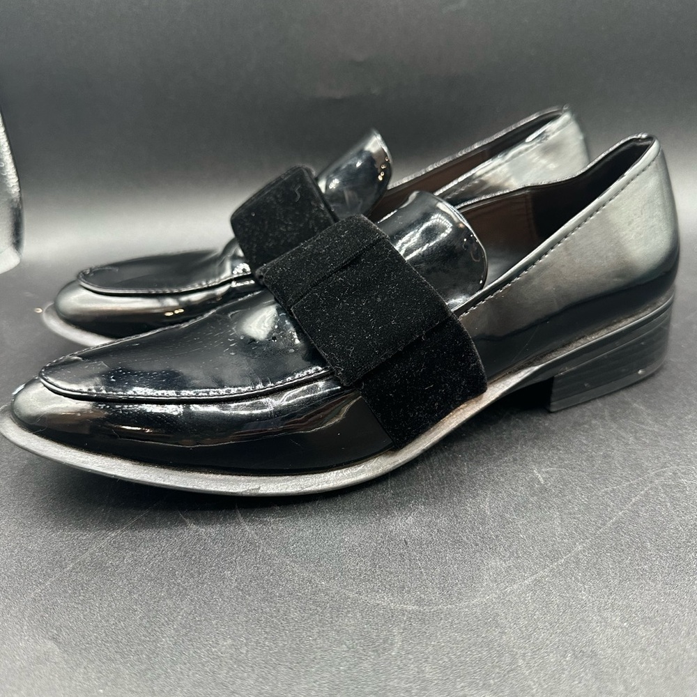 Zara Faux Black Patent Leather Velvet Bow Loafers Shoes Womens Size 7.5 EU 38 - Picture 3 of 6